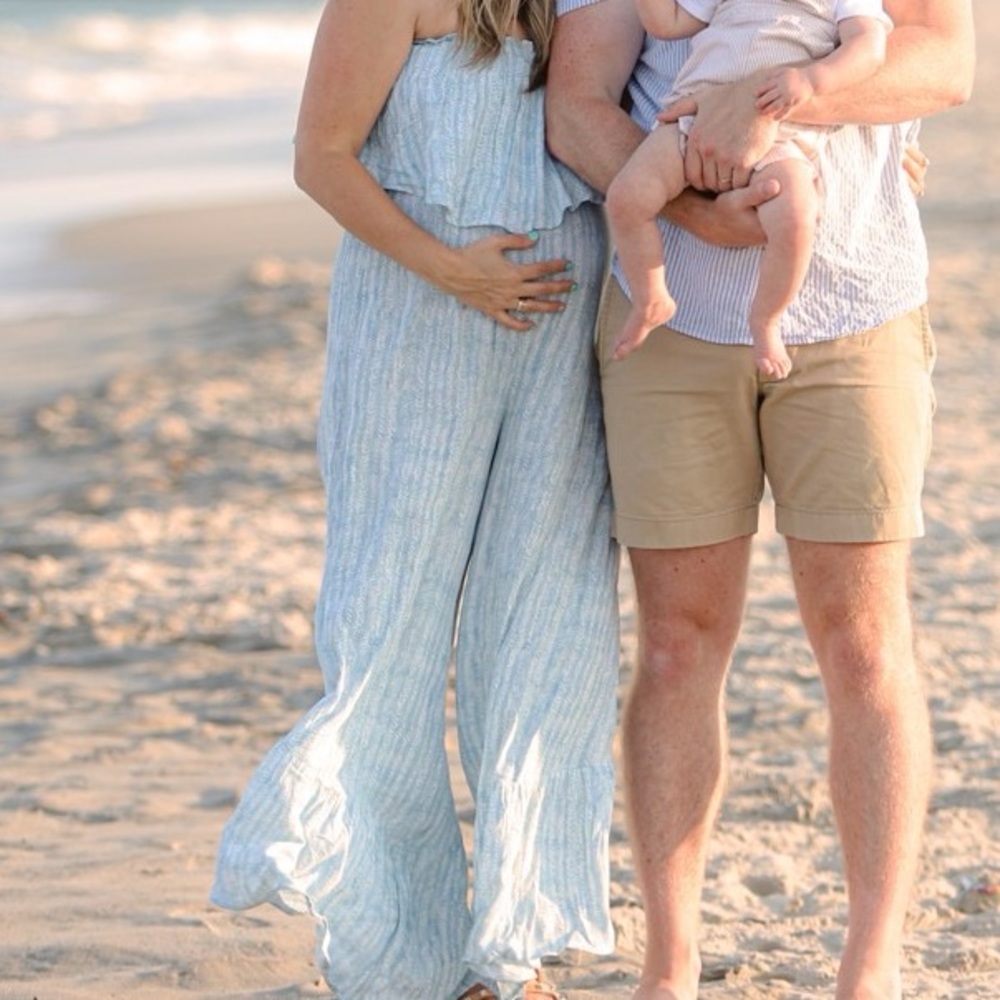 Light blue crop top maternity jumpsuit